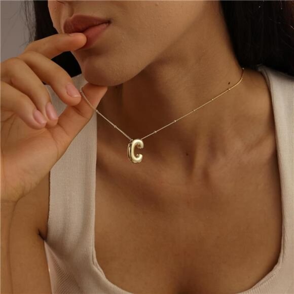 ✨ Bubble Gold Initial Necklace | 14K Gold Plated | Custom Balloon Letter Pendant - Picture 2 of 5